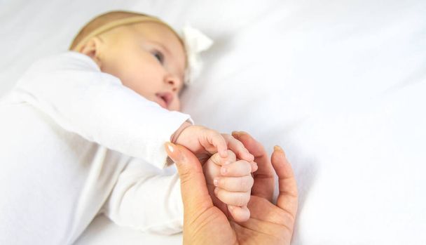 Baby hands with mom's hands against white background. Selective focus. People. - Foto, imagen