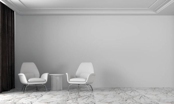 Moderní útulný obývací pokoj a bílé stěny textury pozadí design interiéru / 3D vykreslování - Fotografie, Obrázek