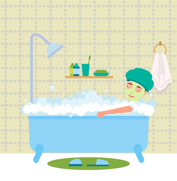 Man having bath. Guy sitting in bathtub with foam and the mask on his face vector illustration - Vector, Imagen