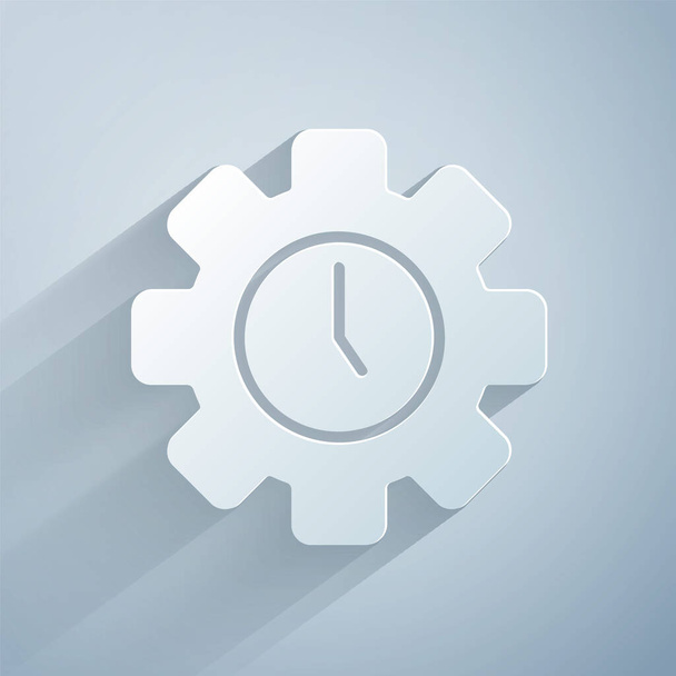 Paper cut Time Management icon isolated on grey background. Clock and gear sign. Productivity symbol. Paper art style. Vector. - ベクター画像