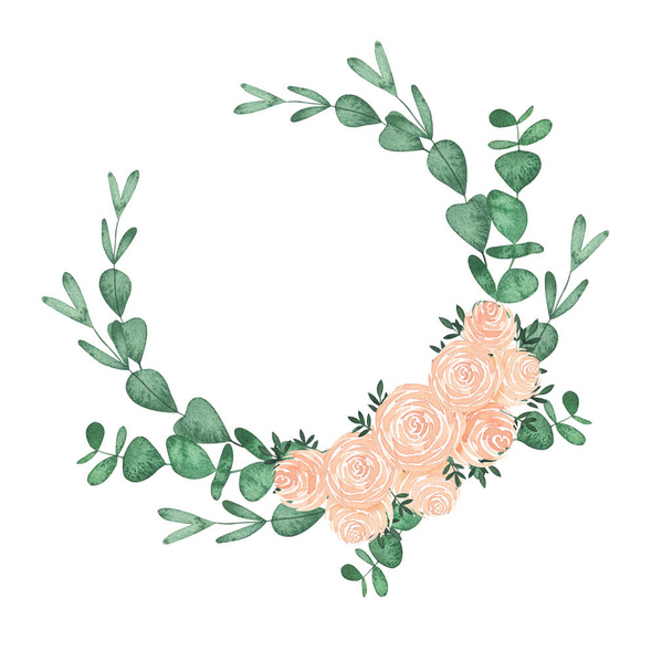 Αδιάβροχο φλοράλ στεφάνι με πράσινα φύλλα ευκαλύπτου και ροζ τριαντάφυλλο. Χειροποίητη καλοκαιρινή βοτανική απεικόνιση ιδανική για προσκλήσεις γάμου, κάρτες. - Φωτογραφία, εικόνα