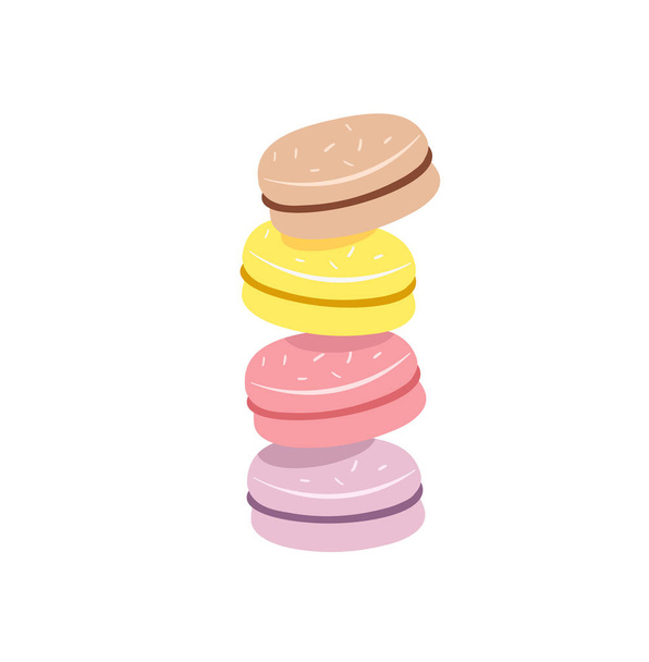 Stack of colorful macaron, macaroon almond cakes, sketch style vector illustration isolated on white background. Stack, pile of colorful almond macaron, macaroon biscuits, sweet and beautiful dessert - Vektori, kuva