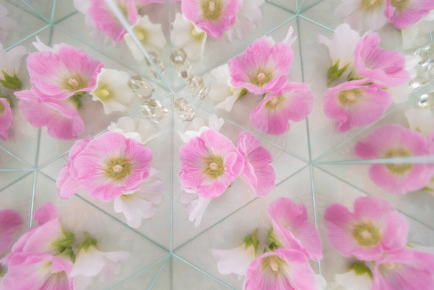 Malvaceae легкий цветочный фон с эффектом калейдоскопа в бохо или богемном стиле с геометрией шестиугольника - Фото, изображение