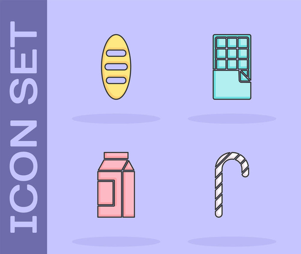 Set Christmas candy cane, Bread loaf, Paper package for milk and Chocolate bar icon. Vector. - Vector, Image