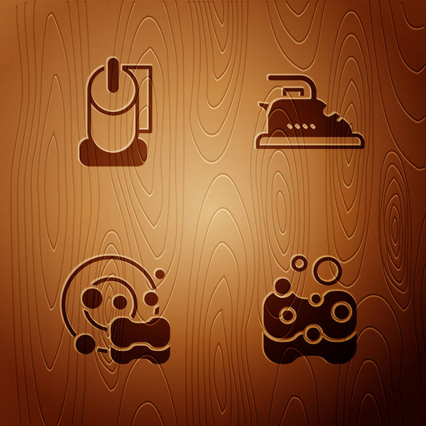 Набор Губка, Туалетная бумага рулон, мытье посуды и электрический утюг на деревянном фоне. Вектор. - Вектор,изображение