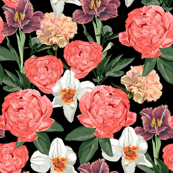 Patrón sin costura floral con flores de peonía, tulipanes y narcisos flores de primavera y hojas. Flores en flor sobre fondo negro. - Vector, imagen