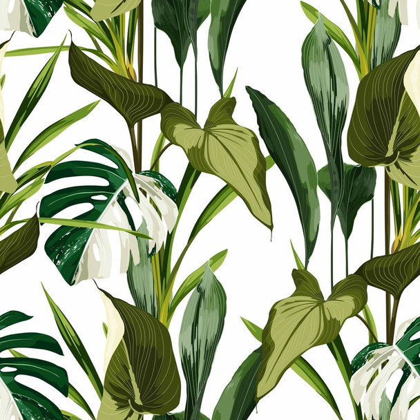Tropical bright green leaves seamless pattern. Exotic tropical garden for wallpaper, greeting card and fashion design. - Vector, Image