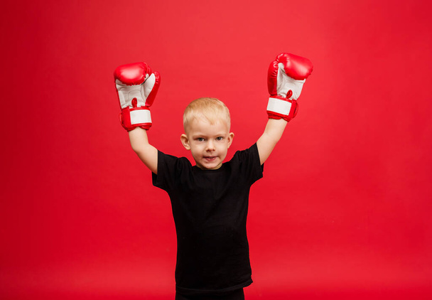 un niño boxeador ganador levantó sus manos en guantes de boxeo rojos sobre un fondo rojo con espacio para el texto - Foto, Imagen