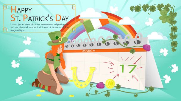 Litteä kuva banneri koristeluun malleja, teema St. Patricks Day loma, Tyttö polvistuu edessä kultainen onnekas hevosenkenkä, taustalla kalenterin päivämäärä - Vektori, kuva