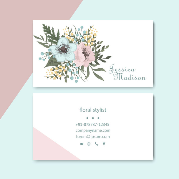 Business card with mint and pink flowers. Template - Vector, Imagen