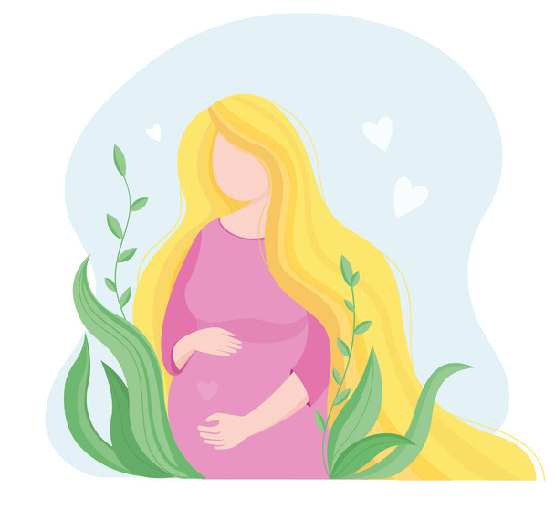 Διάνυσμα επίπεδη απεικόνιση Έγκυος γυναίκα με ένα μωρό στην κοιλιά της, χαρακτήρα κινουμένων σχεδίων, όμορφη κυρία με αγάπη για τη μητρότητα της. Αφίσα στο νοσοκομείο, μαιευτήριο, κέντρο τοκετού, κάρτα ημέρας μητέρων. - Διάνυσμα, εικόνα