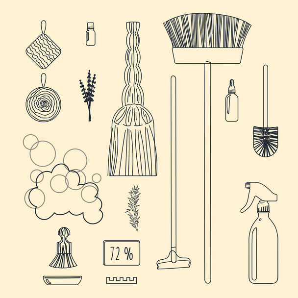 A set of accessories for cleaning the house for a zero waste lifestyle. Vector. Illustration in a line drawing style. - Vetor, Imagem