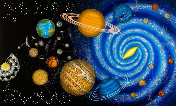 太陽はタンポポの花で、惑星は風の下で生まれます。天の川銀河の背景にある太陽系、黄道の星座の近く. - 写真・画像