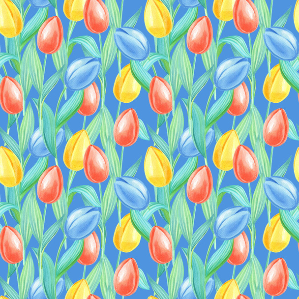 Watercolor spring seamless pattern with yellow,red,blue tulips.Flowers on a blue background.Watercolour illustration.Print for gift wrapping,fabric, paper,cards and website design. - Foto, Imagen