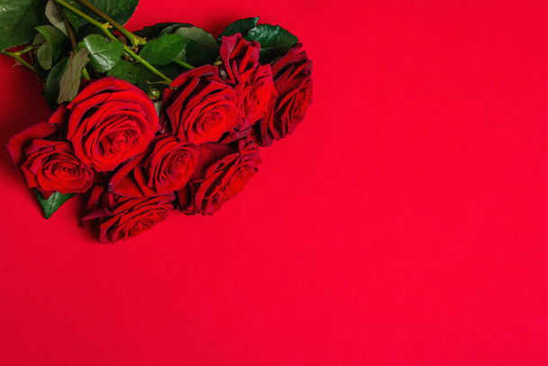 Букет свежих бургундских роз на матово-красном фоне пенополистирола. Ароматные красные цветы, концепция подарка на День Святого Валентина, свадьбу или день рождения - Фото, изображение