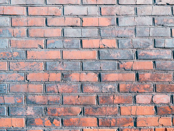 full frame background of detailed old red brick wall with copy space. Red Brick Wall. Close-up old brick wall texture. Wall of red stones. Masonry with cement. Brick Wall. Old Brick and Mortar wall. - Foto, imagen