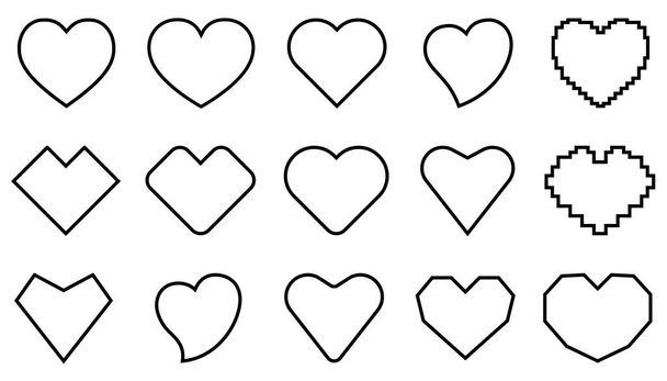 Hartpictogrammen ingesteld. Zwarte hartpictogrammen in plat lineair design. Liefdessymbool geïsoleerd. Vectorillustratie. - Vector, afbeelding
