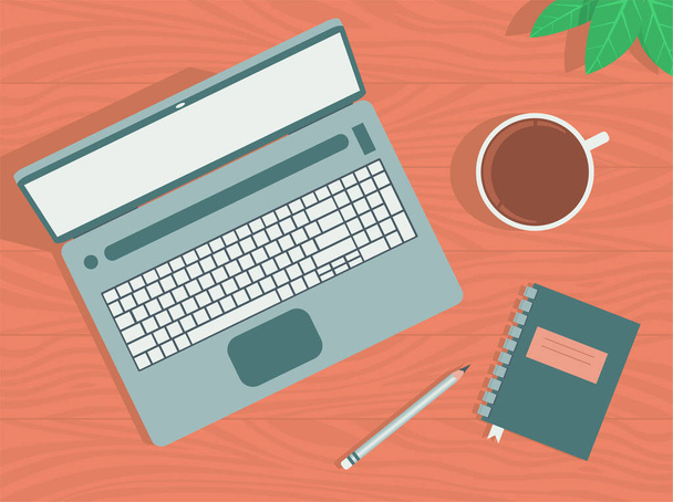 Χώρος εργασίας με laptop, καφέ, notebook και μολύβι. Ξύλινη επιφάνεια του τραπεζιού. Θέα από ψηλά. Επίπεδη απεικόνιση. - Φωτογραφία, εικόνα