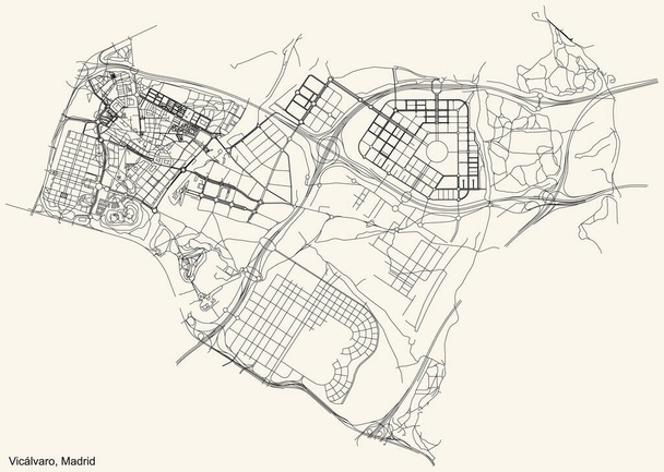 Preto simples mapa detalhado de estradas de rua no fundo bege vintage do bairro Viclvaro distrito de Madrid, Espanha - Vetor, Imagem