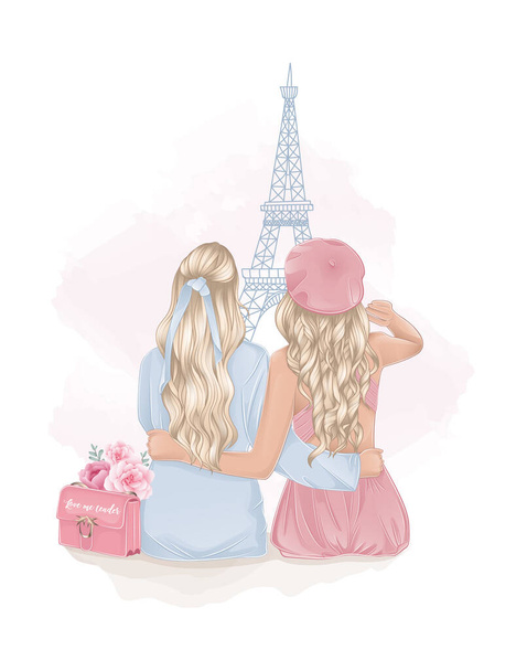 zwei blonde Freundinnen auf rosa Hintergrund mit Eiffelturm - Vektor, Bild
