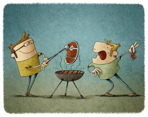 kuva kaksi miestä grillaa pihvejä grilli, yksi heistä tuijottaa hämmästyneenä toinen, koska hänen pihvi on suurempi. - Valokuva, kuva