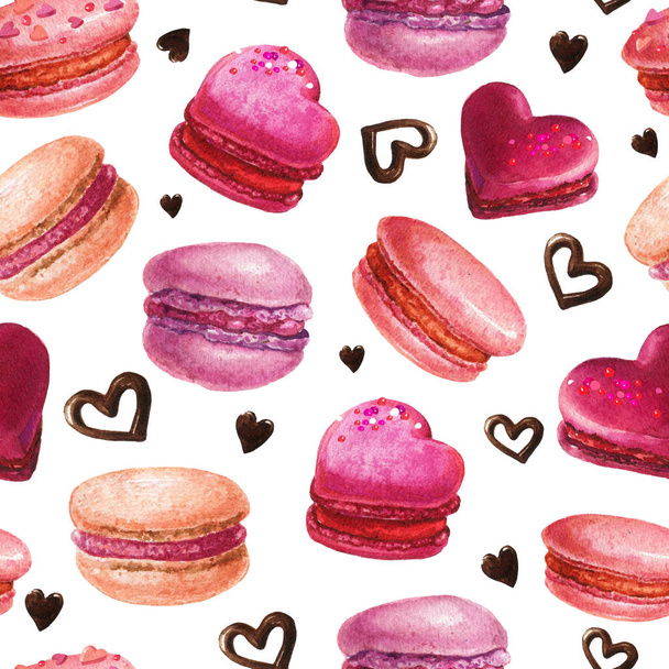 バレンタインのマカロンのシームレスなパターン。水彩ピンクのマカロンの背景。水彩パン屋の背景、水彩甘いデザート. - 写真・画像