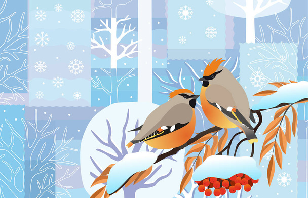 Зимний фон с птицами, деревьями, снежинками в лоскутном стиле. - Вектор,изображение
