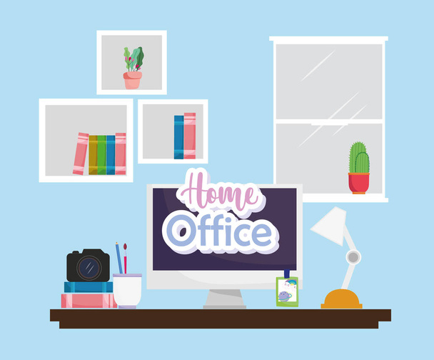 Home Office Interieur Desktop-Monitor-Lampenregale mit Büchern und Kakteen - Vektor, Bild