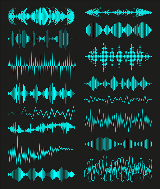 Μουσικά κύματα λογότυπο και ηχητικά σύμβολα συλλογή σε μαύρο φόντο. Σύγχρονη στοιχεία ισοσταθμιστή ήχου που. Ψηφιακό πρότυπο τεχνολογίας κυματομορφής. Εικονογράφηση Jpeg. - Φωτογραφία, εικόνα