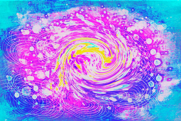 mooie abstracte figuur waar figuren in de vorm van spiralen verschijnen in roze geel wit en blauwe tinten op een hemelsblauwe achtergrond die originaliteit geven aan het beeld - Foto, afbeelding