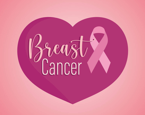乳がんテキストとリボンオンハートピンクの背景 - ベクター画像
