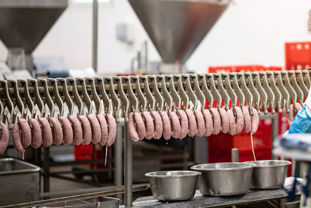 Raw sausages and meat products in a modern meat factory. - Photo, Image