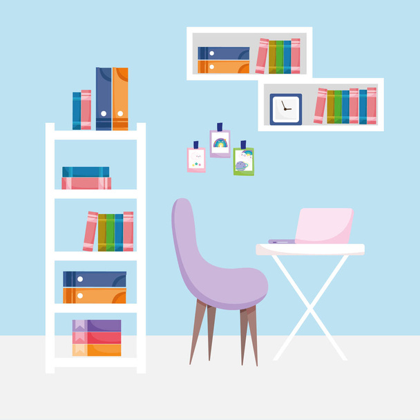 home office interior workspace desk chair laptop books on shelf - Vector, Image