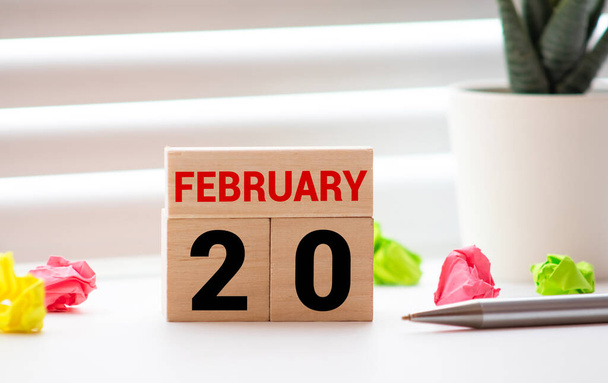 20 февраля белый куб деревянный календарь на винтажном дереве и белом фоне с зимним днем, копирайт для текста - Фото, изображение