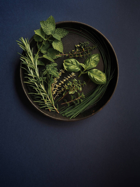 Разнообразные свежие зеленые травы на черной круглой сковороде на синем фоне. Тёмный и угрюмый. Копирование пространства. - Фото, изображение
