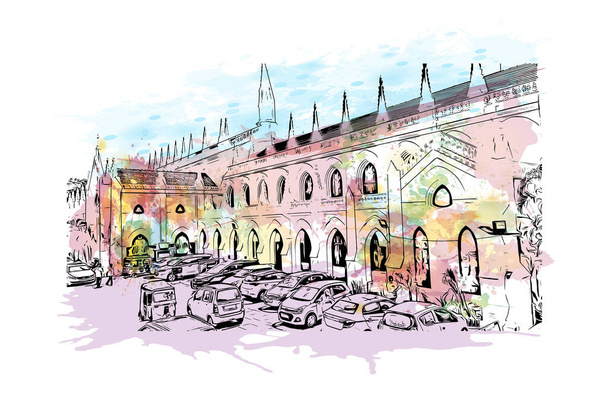 Print Building view with landmark of Chennai India városa. Akvarell splash kézzel rajzolt vázlat illusztráció vektorban. - Vektor, kép