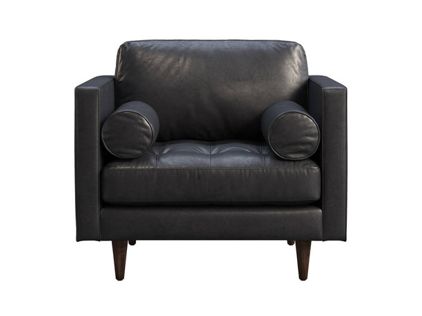 Skandinávská kožená židle. Černé kožené čalouněné křeslo s polštáři na bílém pozadí. V polovině století, Loft, Chalet, skandinávský interiér. 3D vykreslení - Fotografie, Obrázek