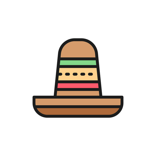 Sombrero, mexican hat flat color line icon. - Вектор, зображення