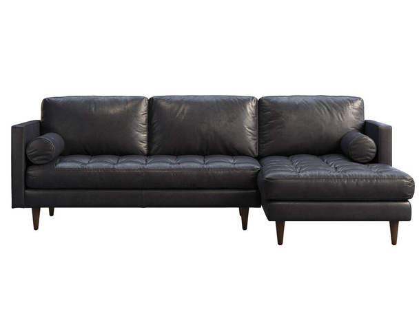 Skandinavian kulma nahkasohva. Musta nahkainen verhoilu leposohva sohva tyynyt valkoisella pohjalla. Vuosisadan puolivälissä, Loft, Chalet, Skandinavian sisustus. 3d renderointi - Valokuva, kuva