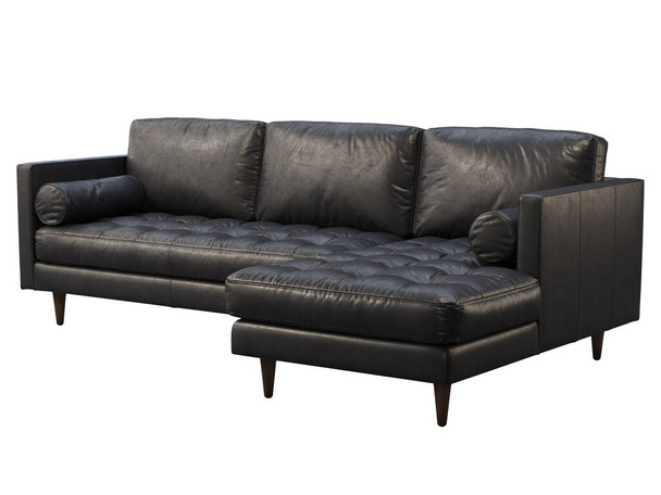Scandinavian corner leather sofa. Black leather upholstery chaise lounge sofa with pillows on white background. Mid-century, Loft, Chalet, Scandinavian interior. 3d render - Photo, Image