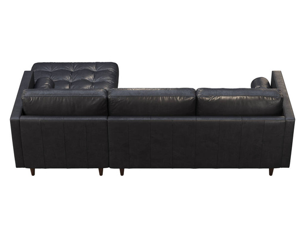 Sofá de couro escandinavo canto. Couro preto estofos chaise lounge sofá com travesseiros sobre fundo branco. Meados do século, Loft, Chalet, interior escandinavo. Renderização 3d - Foto, Imagem