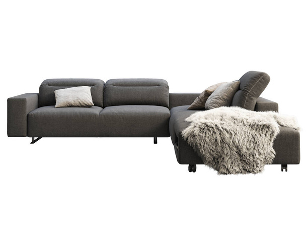 Современный темно-серый тканевый диван с регулируемой спинкой. Текстильная обивка угловой модульный диван с подушками и шкурой на белом фоне. Современный, лофт, скандинавский интерьер. 3D рендеринг - Фото, изображение