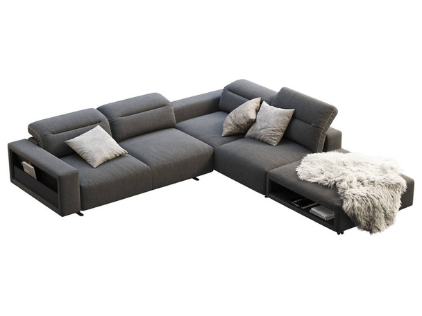 Nowoczesna, ciemnoszara sofa z regulowanym oparciem. Tekstylny narożnik tapicerki modułowa sofa z poduszkami i skóry na białym tle. Nowoczesne, Loft, skandynawskie wnętrze. 3d renderowanie - Zdjęcie, obraz
