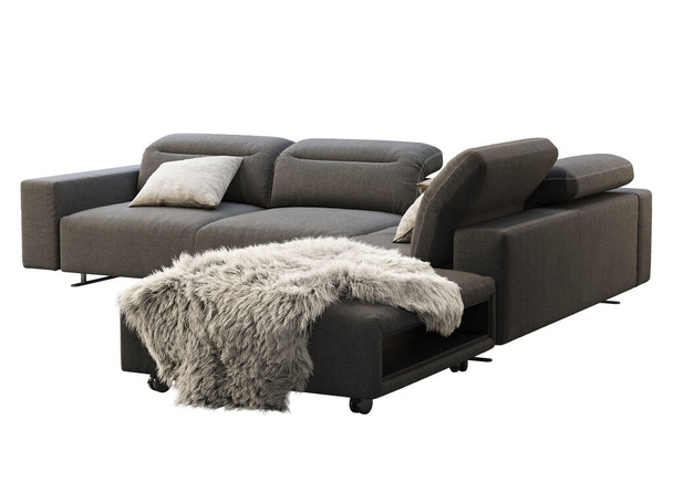 Μοντέρνος γκρι υφασμάτινος καναπές με ρυθμιζόμενη πλάτη. Ύφασμα ταπετσαρία γωνία σπονδυλωτή καναπέ με μαξιλάρια και γούνα σε λευκό φόντο. Μοντέρνο, Loft, Σκανδιναβικό εσωτερικό. 3d απόδοση - Φωτογραφία, εικόνα