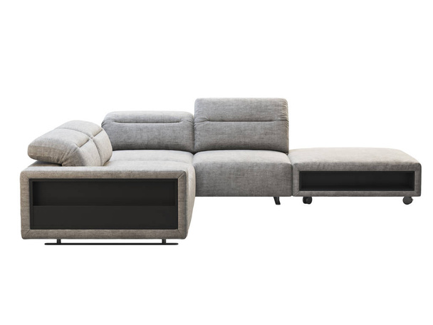 Modern világosszürke kanapé állítható háttámlával. Textil kárpit sarok moduláris kanapé tárolására fehér háttérrel. Modern, Loft, skandináv belső tér. 3d renderelés - Fotó, kép