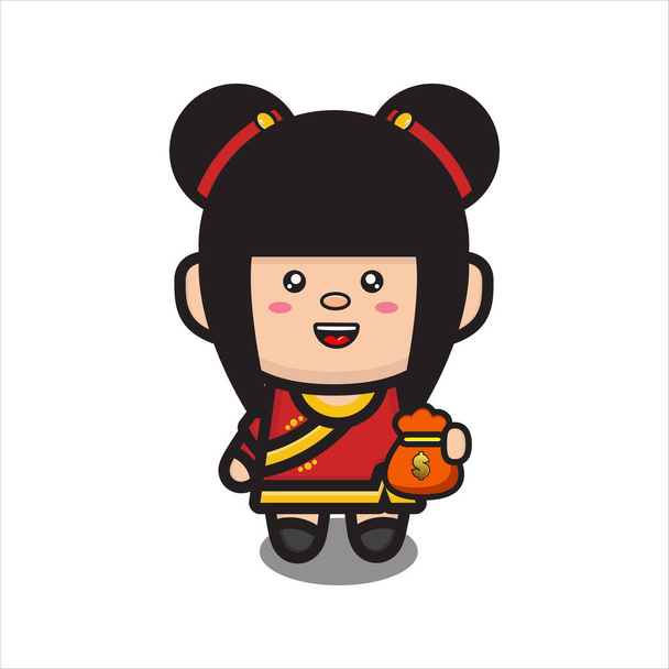 mignonne fille chinoise en costume traditionnel avec sac rempli d'argent, personnage de mascotte de garçon chinois vecteur eps 10 sur fond blanc - Vecteur, image