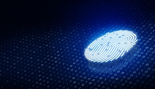 Zukünftige Sicherheitstechnologie. Fingerabdruck-Scan bietet Sicherheitszugriff mit Binärcode auf tiefblauem Hintergrund. Sicherheitskonzept für Fingerabdrücke. 3D Render. - Foto, Bild