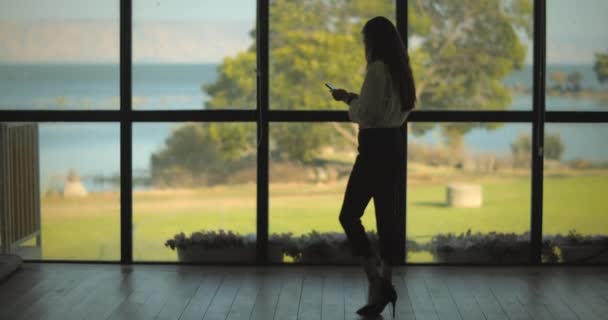 Geschäftsfrau überprüft ihr Handy in der Nähe eines großen Fensters mit Seeblick. Zeitlupe, Weitschuss. - Filmmaterial, Video