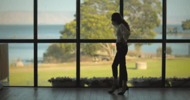 Een jonge zakenvrouw die rusteloos naast een groot raam loopt, nerveus voor de ontmoeting. Langzame beweging, kleine kans. - Video