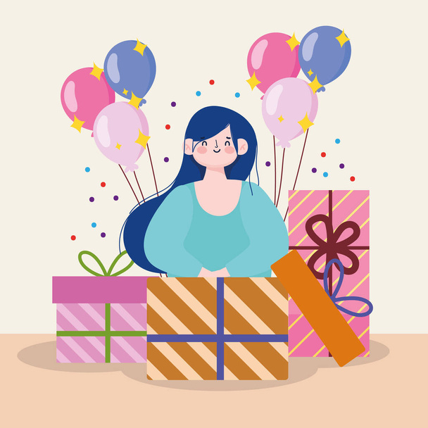 girl coming out gift box with gifts balloons celebration cartoon - Vector, Image